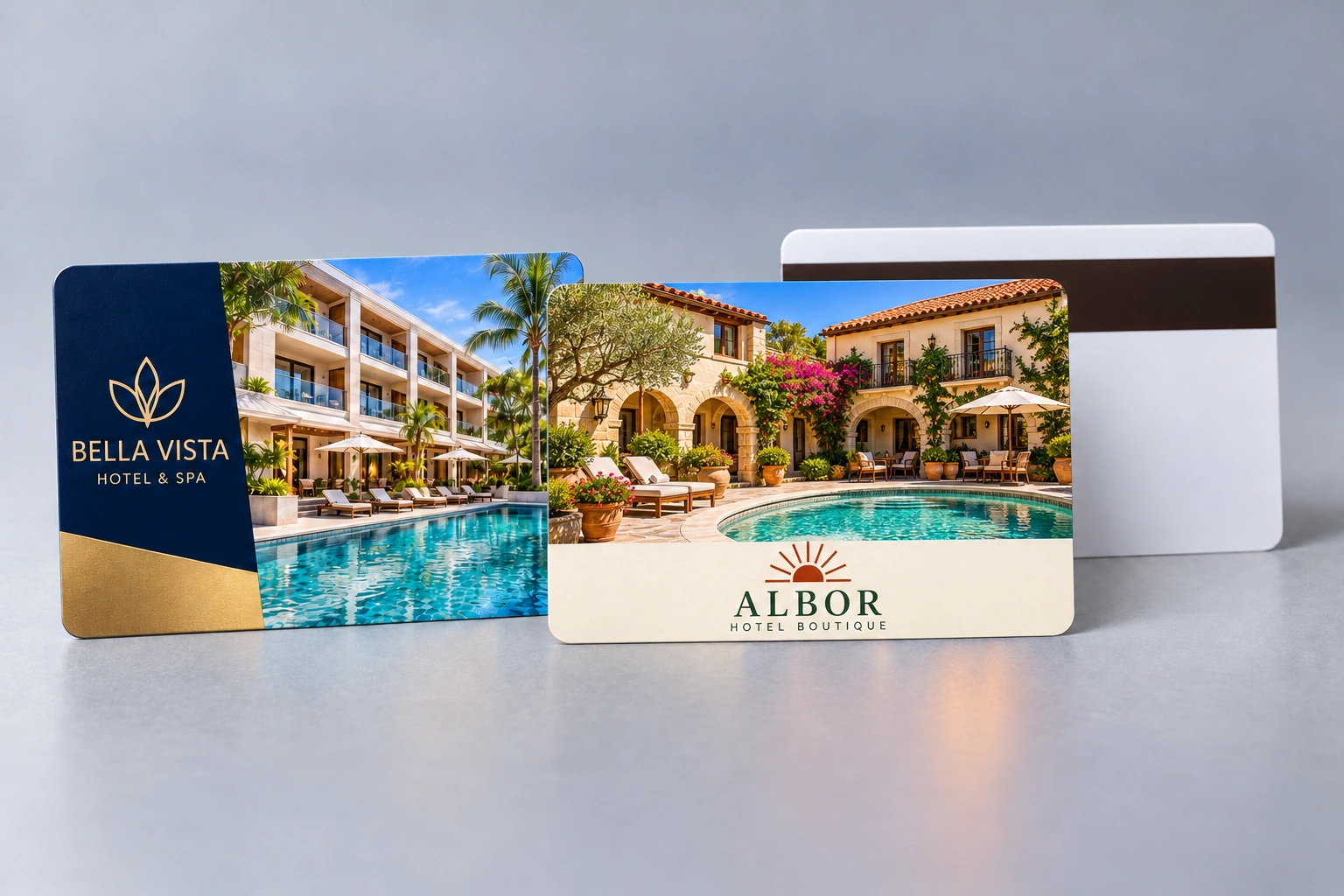 Tarjetas magnéticas de hotel: frente personalizado y dorso con banda magnética marrón